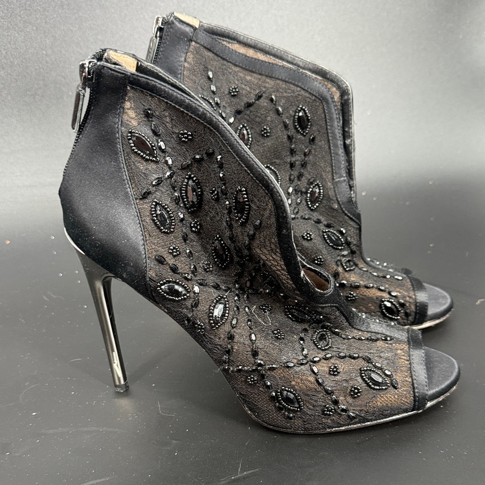 Bcbg deedie Embellished Black Mesh Peep-Toe Stiletto Booties